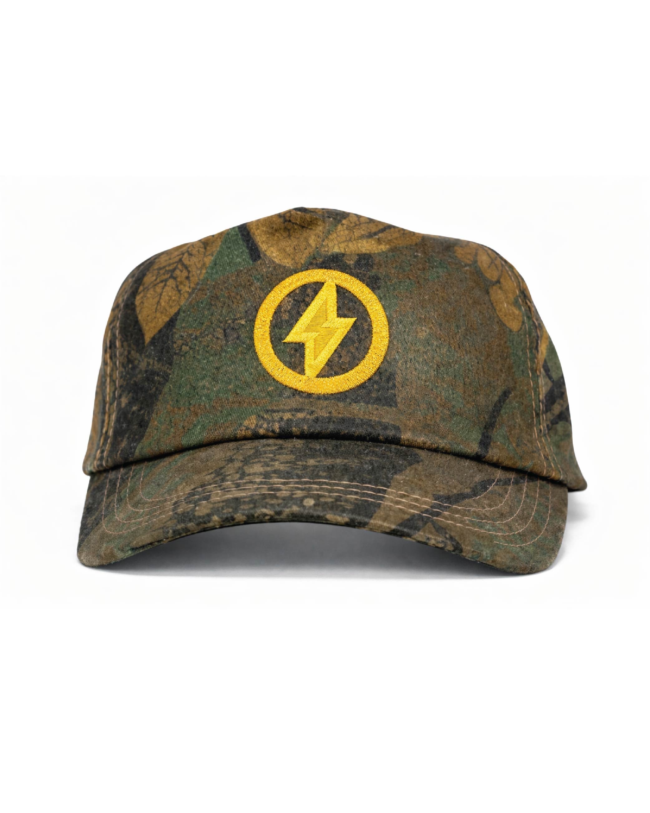 Camo Cotton Twill 5-Panel Cap – Yellow Lightning Bolt Circle Logo
