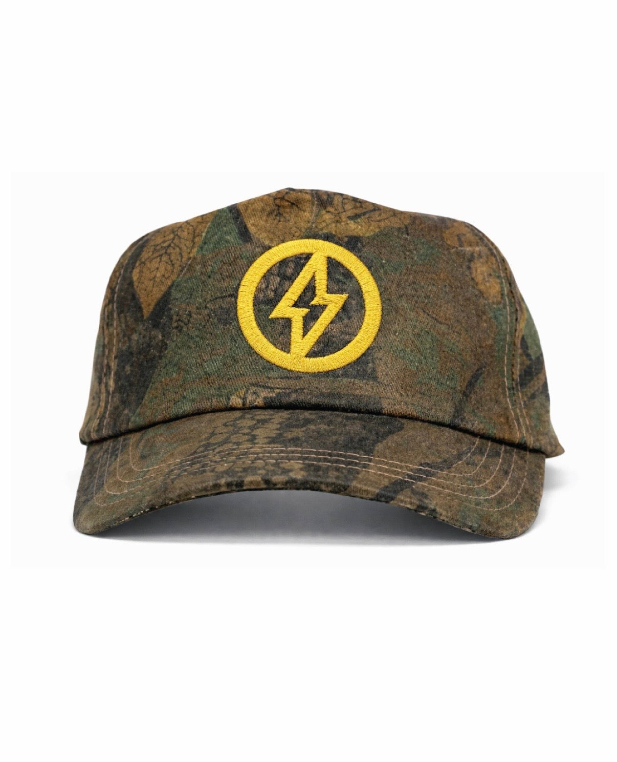 Camo Cotton Twill 5-Panel Cap – Yellow Lightning Bolt Circle Logo
