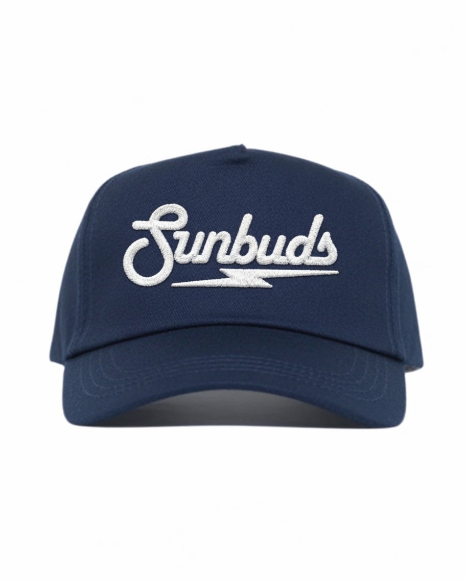 Navy Blue Cotton Twill 5-Panel Cap – White Sunbuds Logo