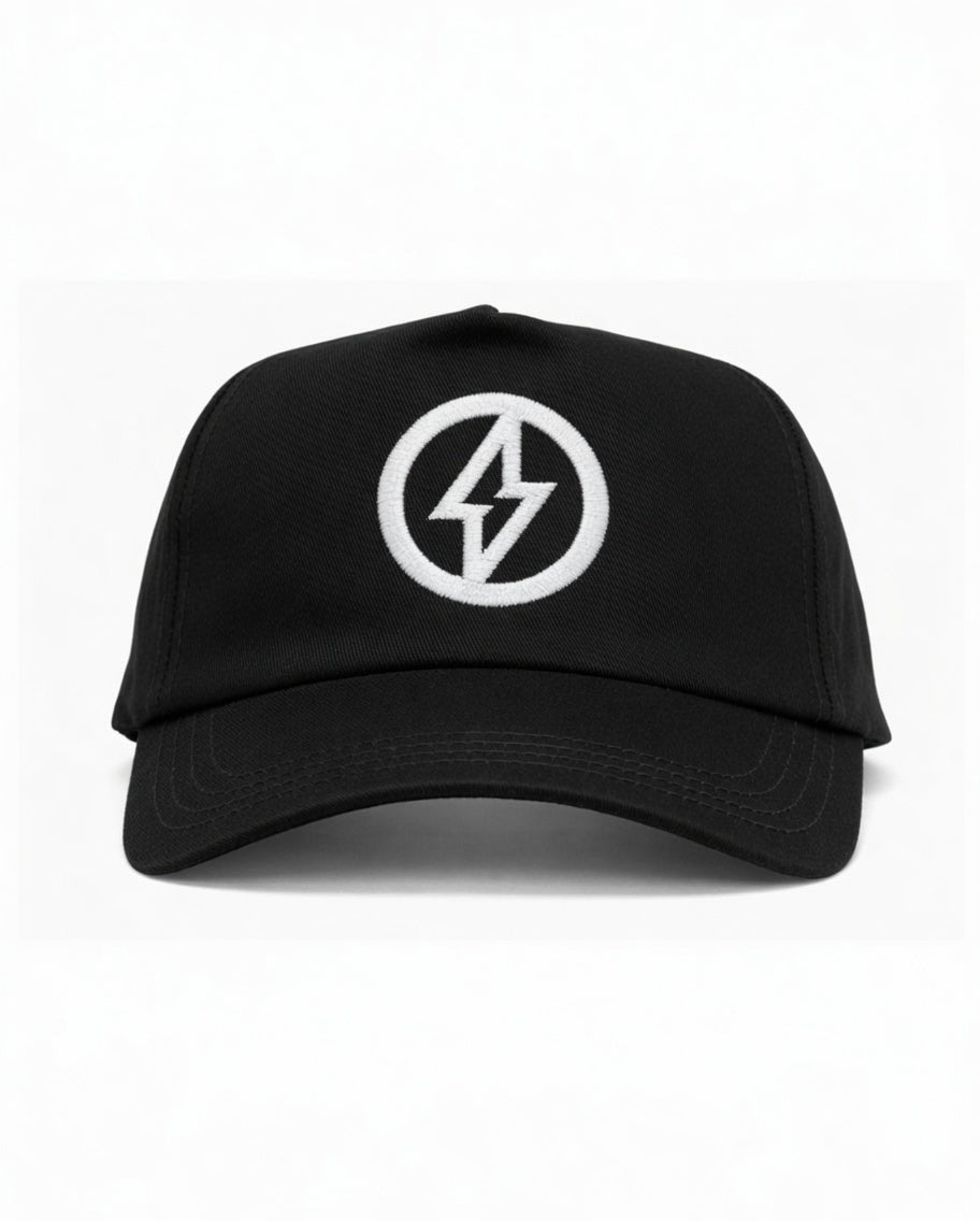 Black Cotton Twill 5-Panel Cap – White Lightning Bolt Circle Logo