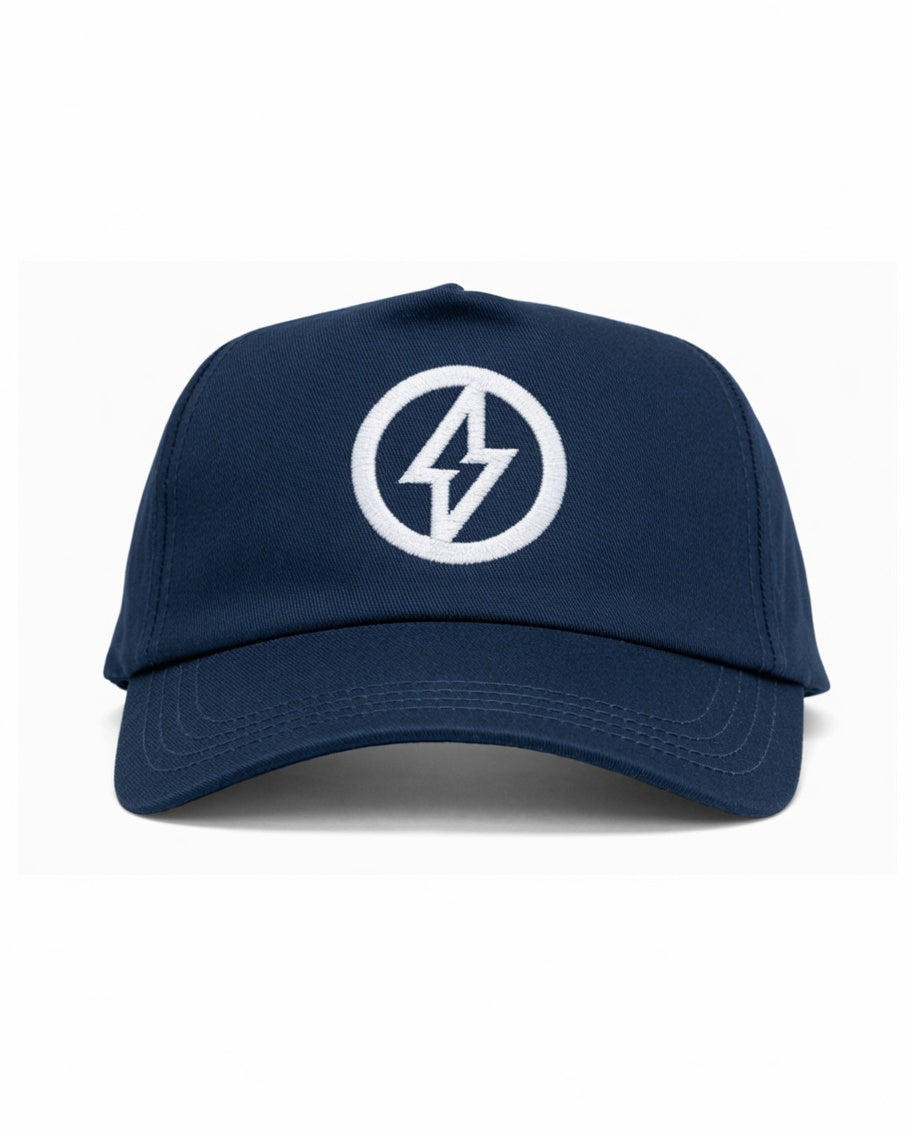 Navy Blue Cotton Twill 5-Panel Cap – White Lightning Bolt Circle Logo